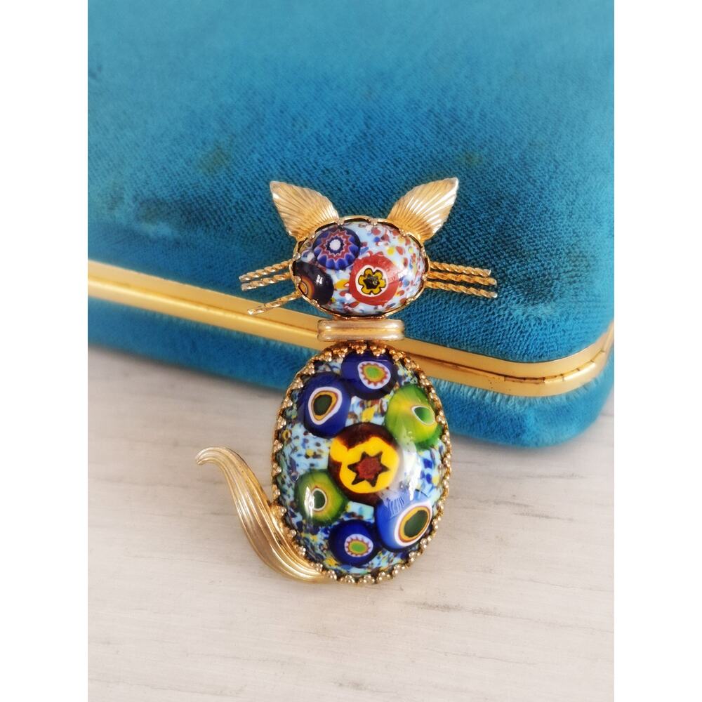 Vintage Millefiori Cat Brooch with Deep Blue Background